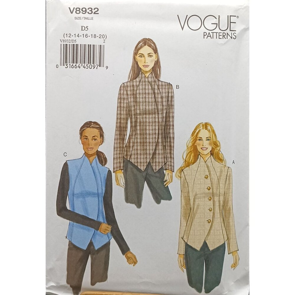 UNCUT Vogue Patterns V8932 Misses Jacket & Vest Sewing Pattern Sz D5 (12-20)